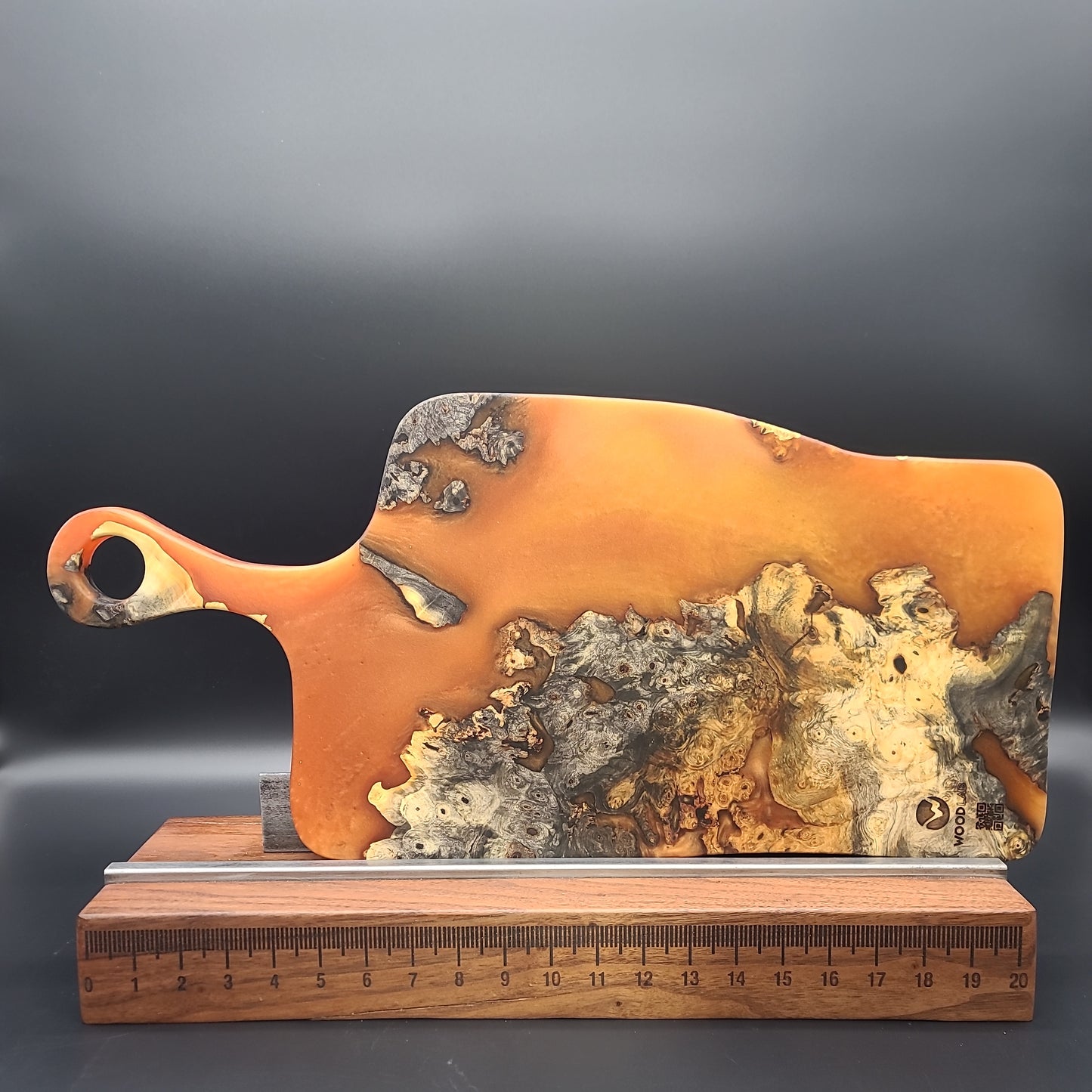 Handled Red/Orange Epoxy and Exotic Burl Charcuterie Board