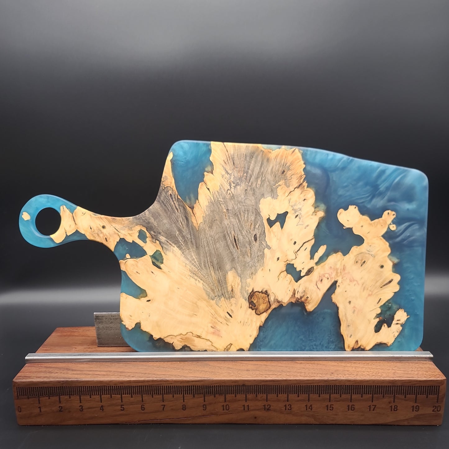 Handled Blue Epoxy and Exotic Burl Charcuterie Board