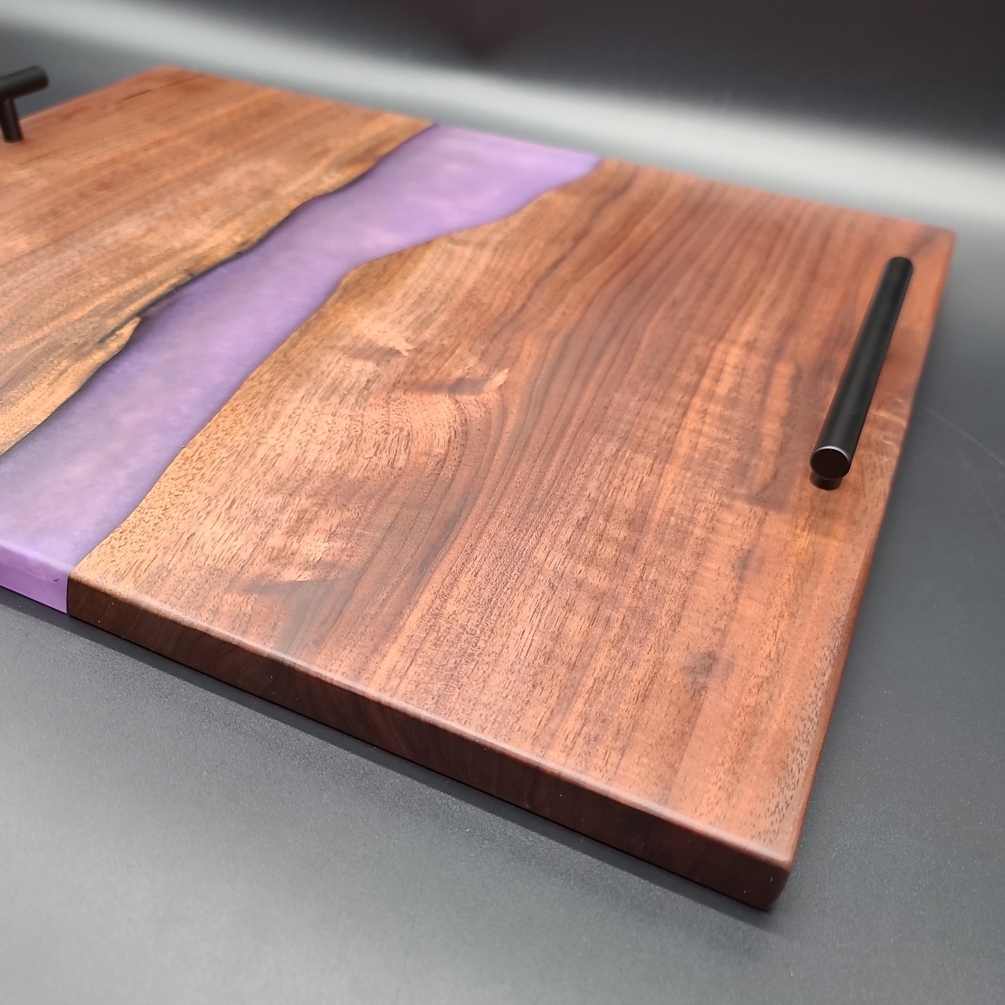 Black Walnut Serving Tray with Purple & Gold River and Handles
