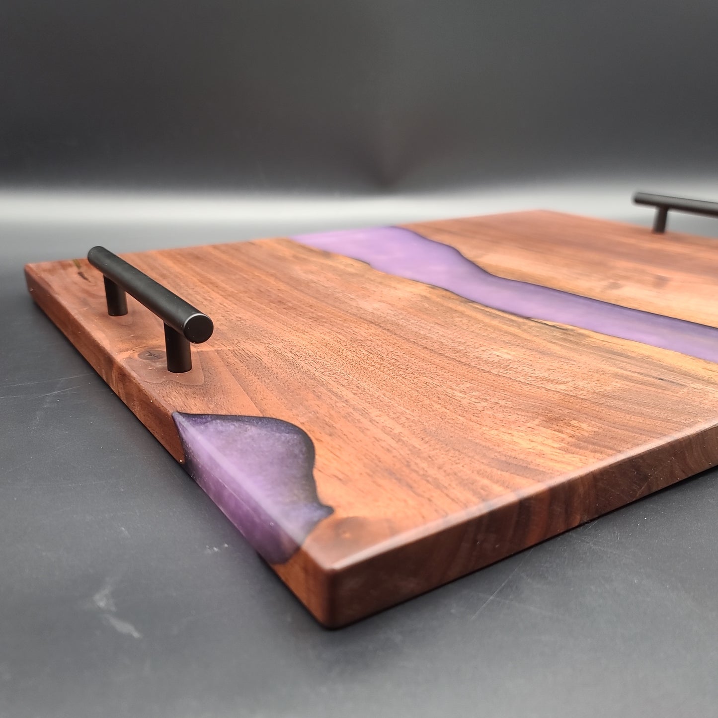 Black Walnut Serving Tray with Purple & Gold River and Handles