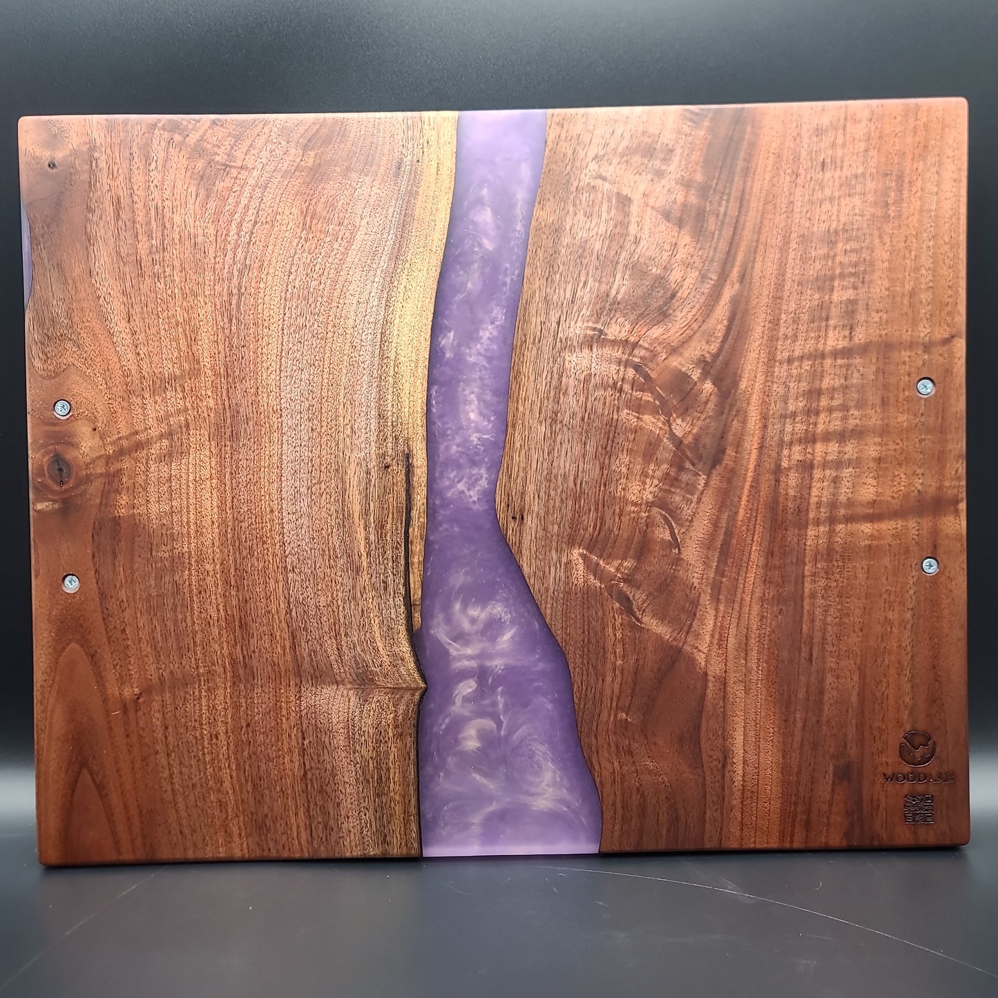 Black Walnut Serving Tray with Purple & Gold River and Handles