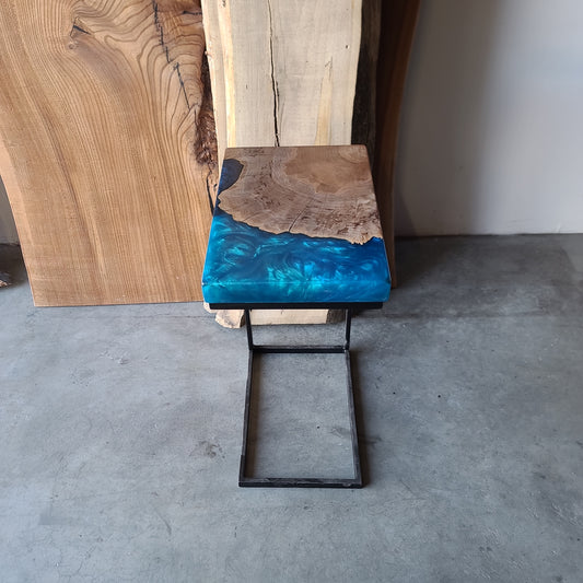 Elm Burl Wood Cookie and Multi-Blue Epoxy C-Table