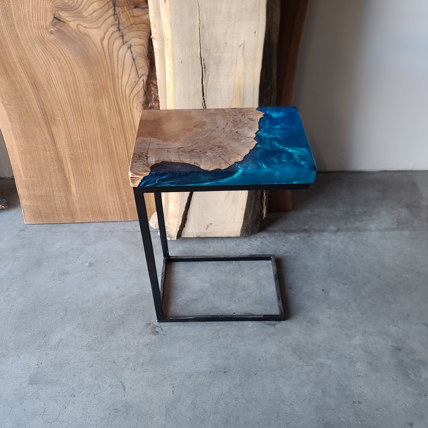 Elm Burl Wood Cookie and Multi-Blue Epoxy C-Table