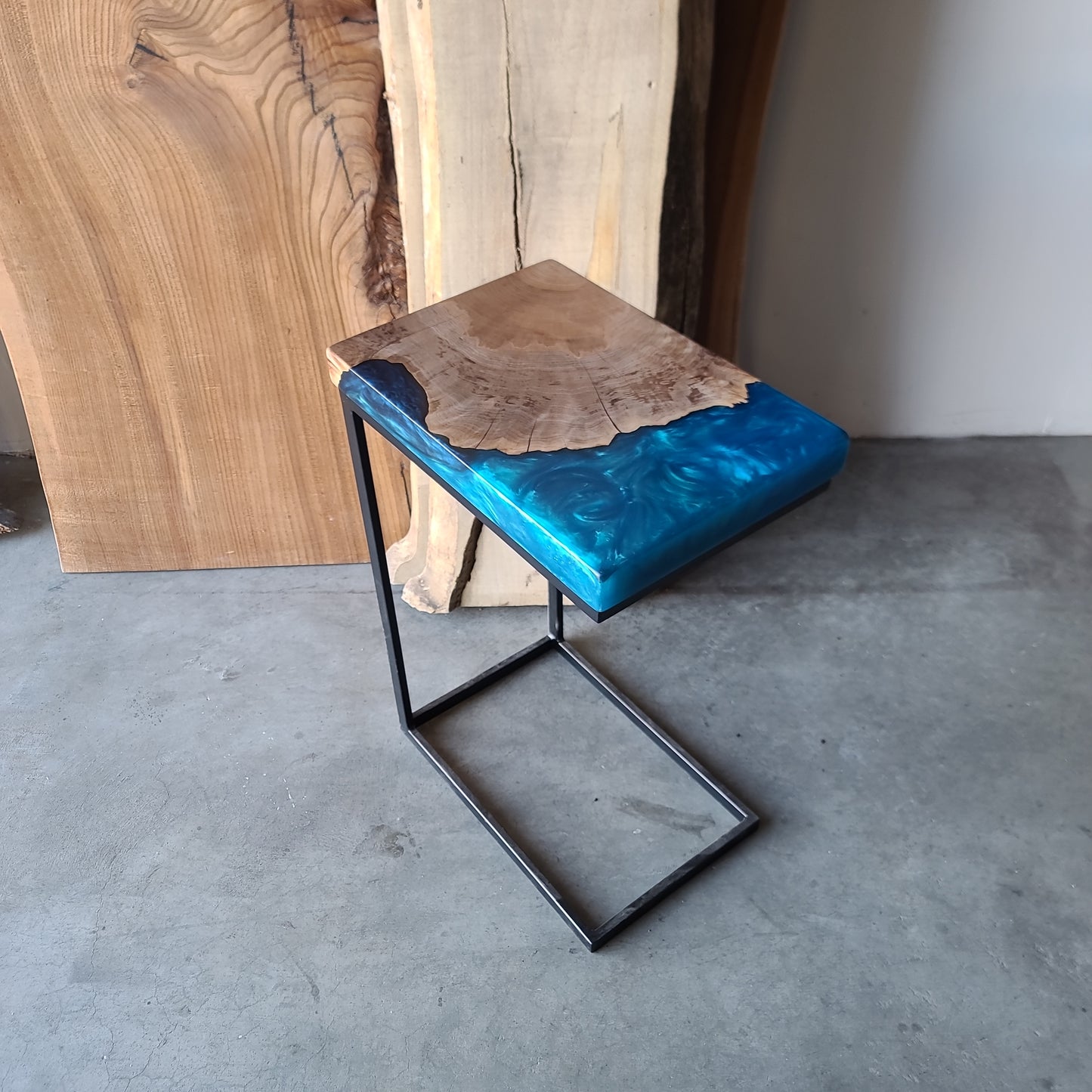 Elm Burl Wood Cookie and Multi-Blue Epoxy C-Table