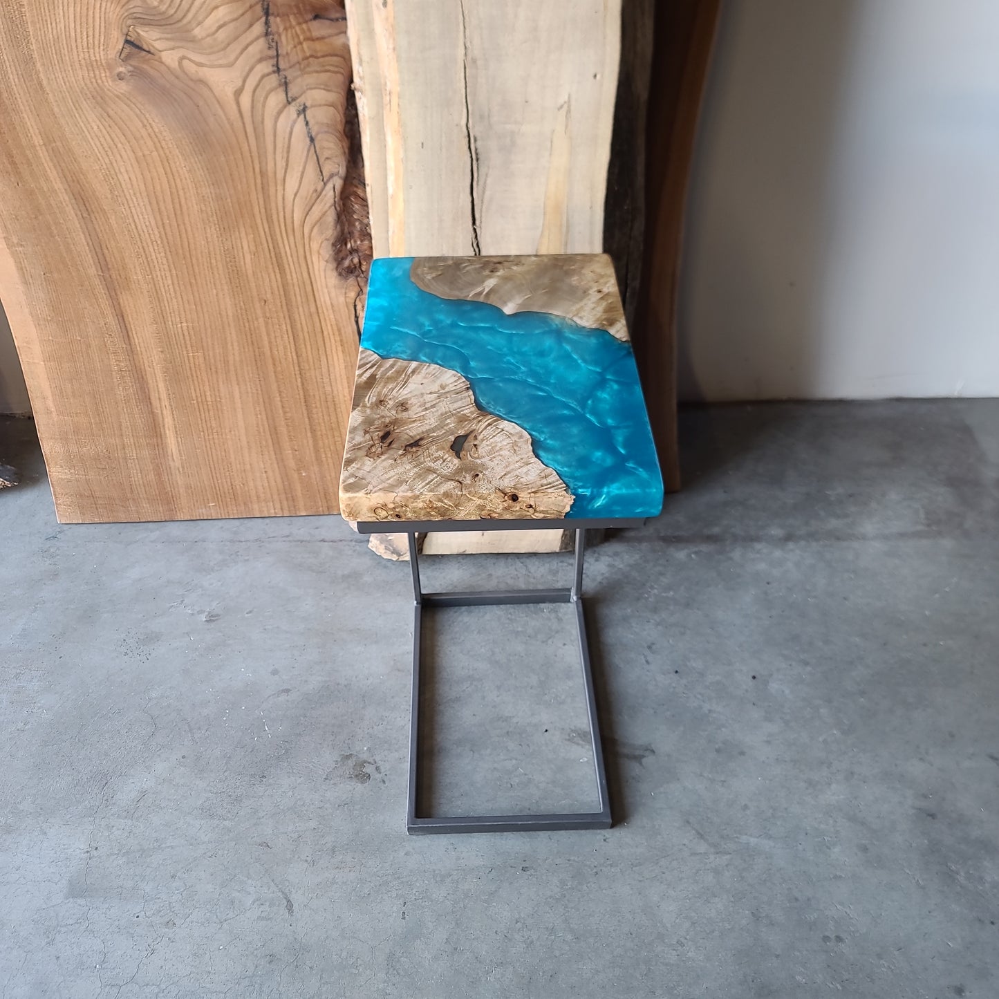 Myrtle Burl Wood and Bahama Blue Epoxy C-Table