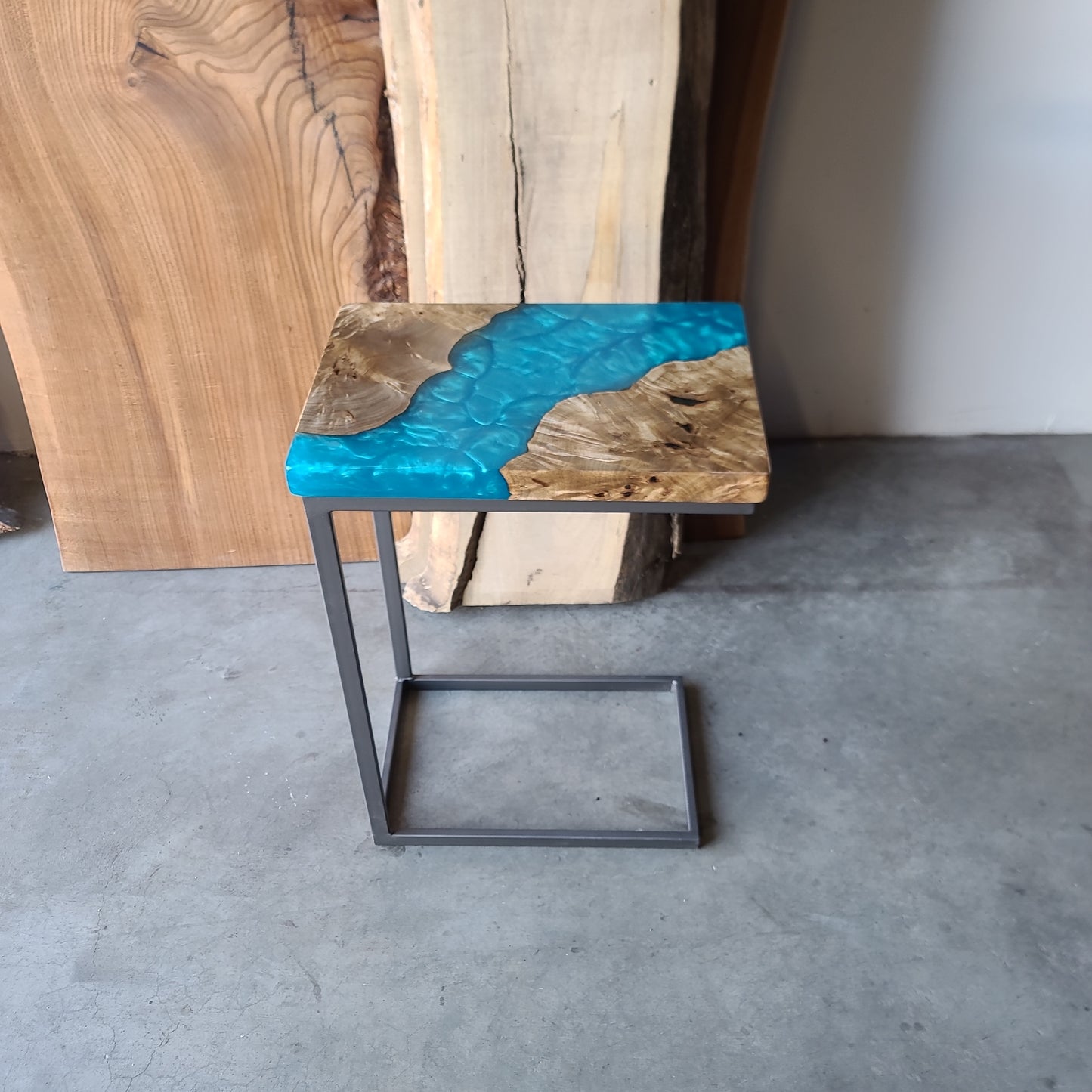 Myrtle Burl Wood and Bahama Blue Epoxy C-Table
