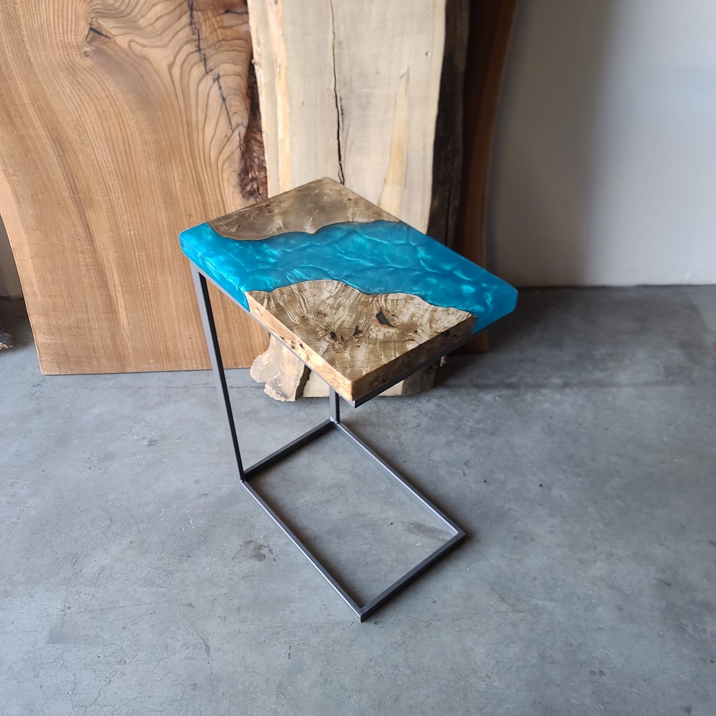 Myrtle Burl Wood and Bahama Blue Epoxy C-Table