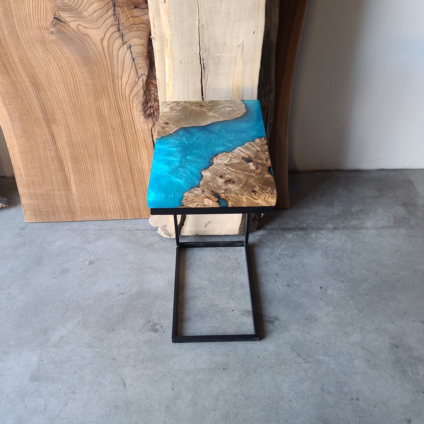Myrtle Burl Wood and Bahama Blue Epoxy C-Table