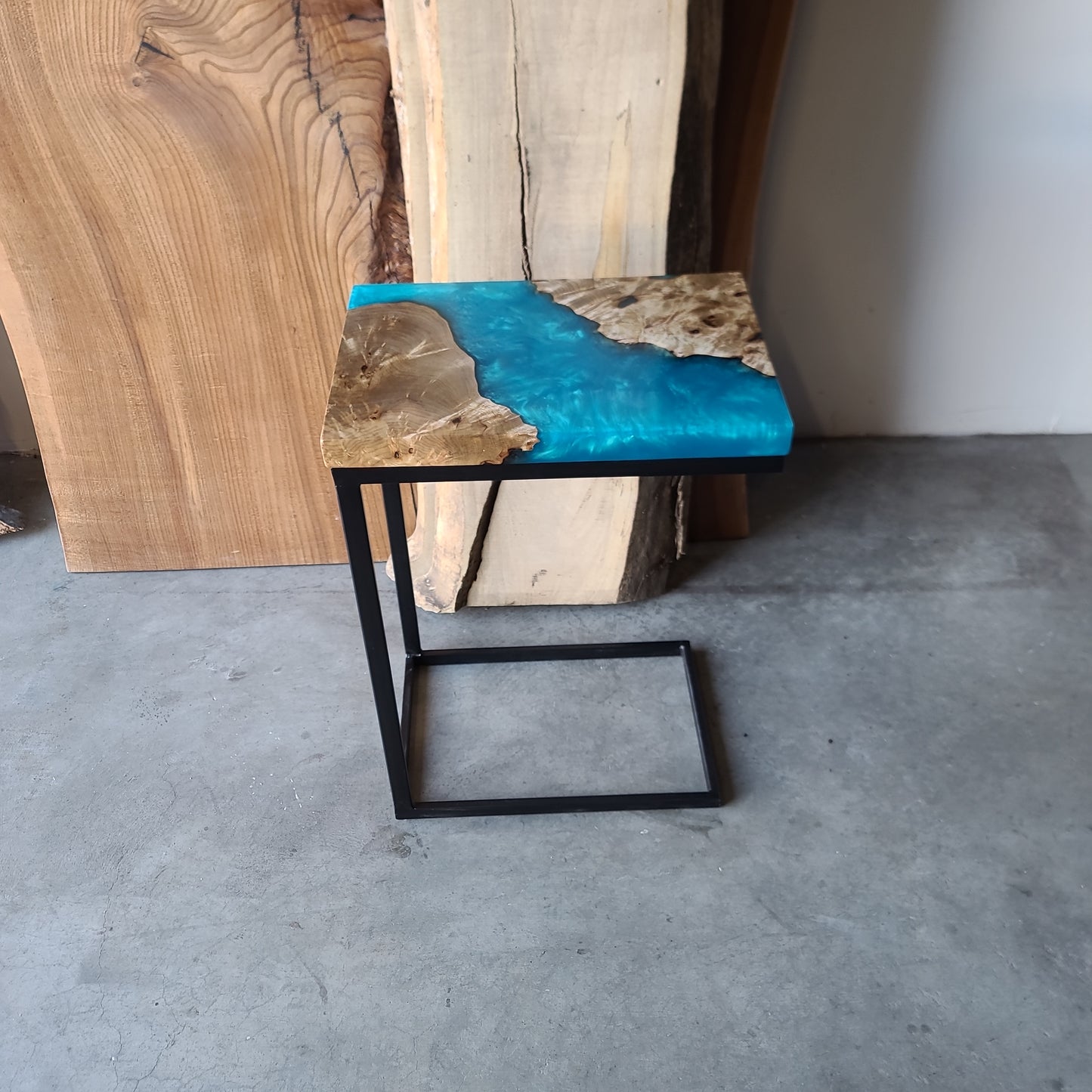 Myrtle Burl Wood and Bahama Blue Epoxy C-Table
