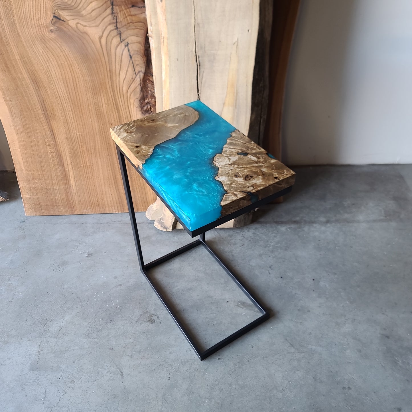 Myrtle Burl Wood and Bahama Blue Epoxy C-Table
