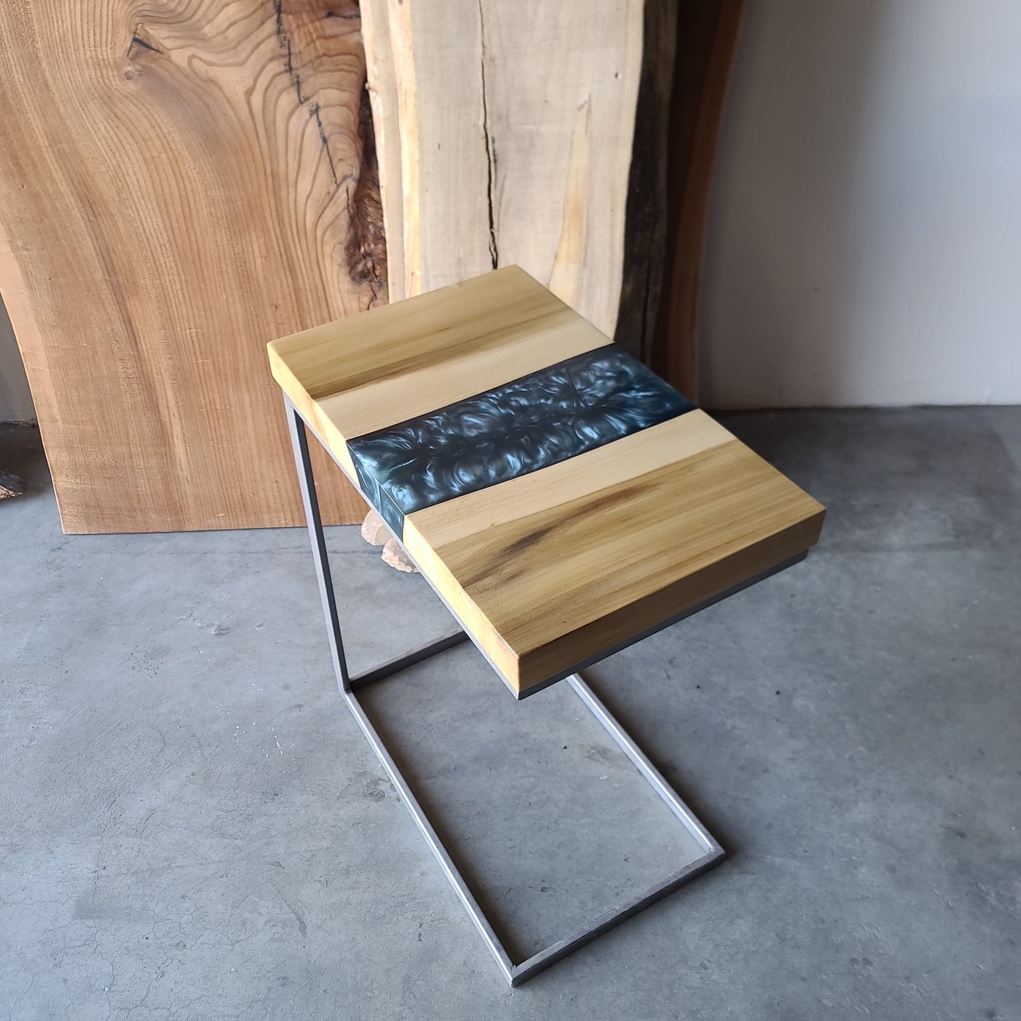 Poplar and Pearl-Blue Epoxy River C-Table