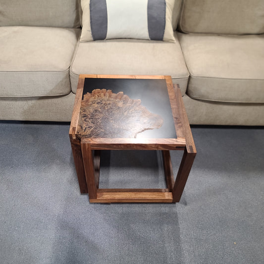 "Infinity" Claro Walnut and Solid Black Epoxy Side Table with Black Walnut Base