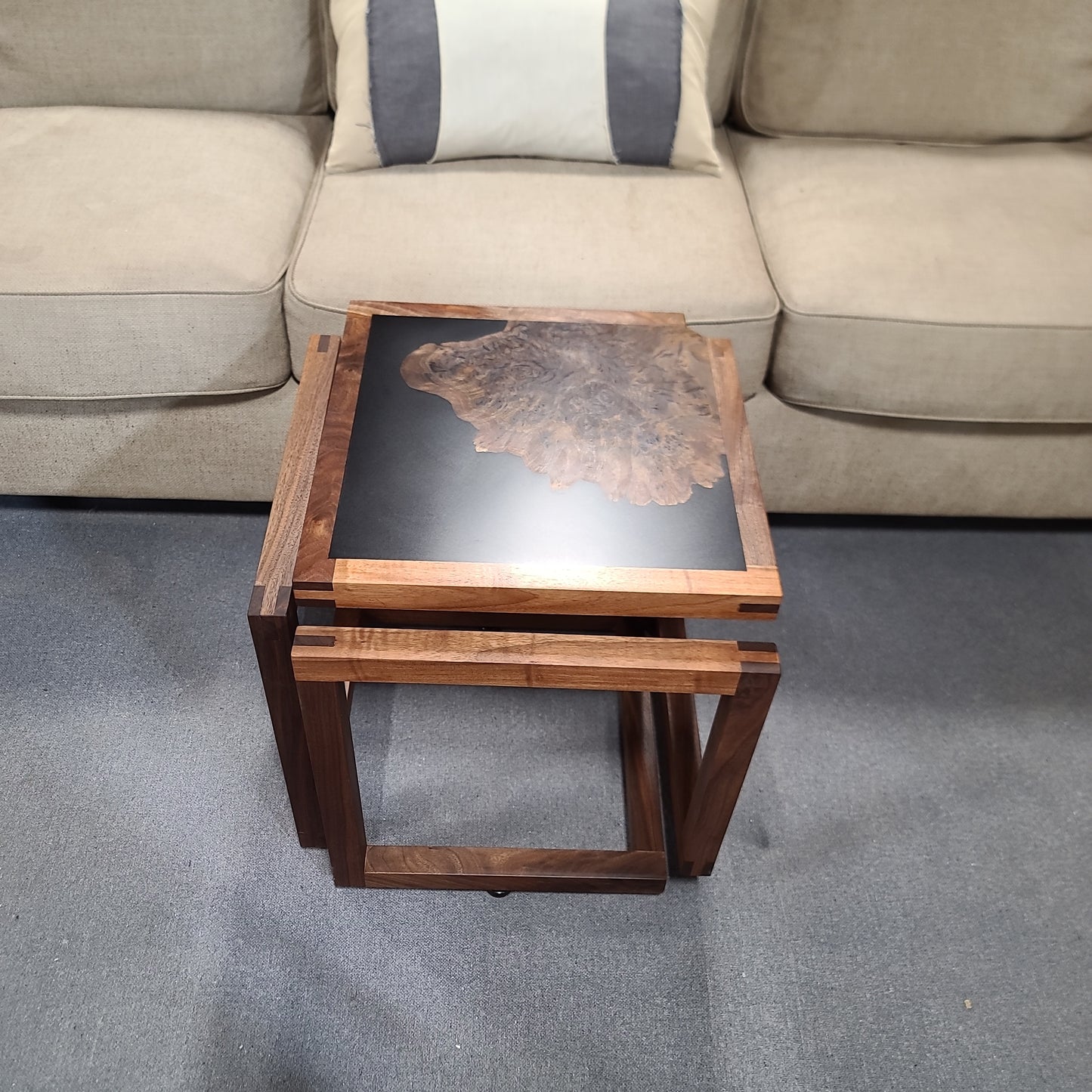 "Infinity" Claro Walnut and Solid Black Epoxy Side Table with Black Walnut Base