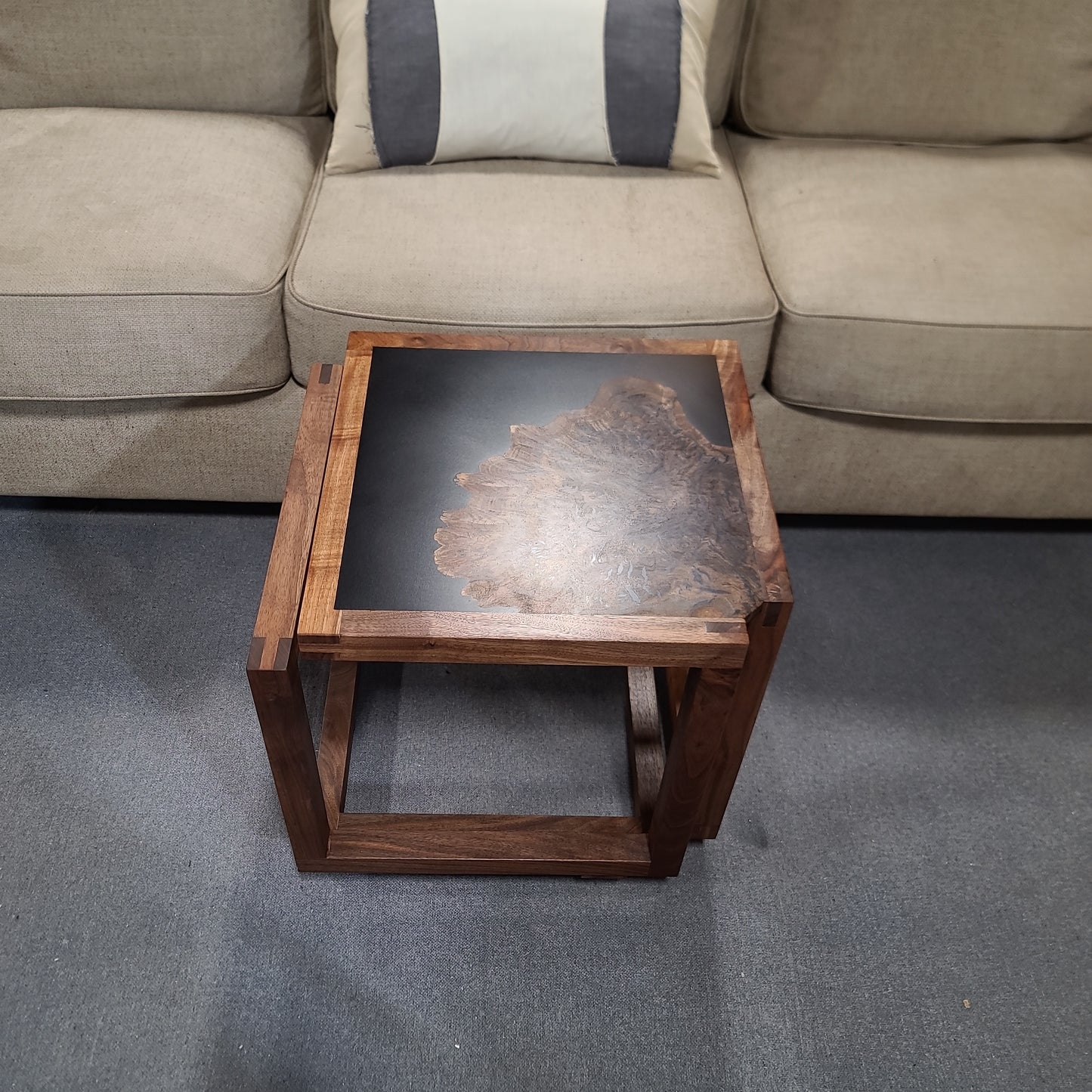 "Infinity" Claro Walnut and Solid Black Epoxy Side Table with Black Walnut Base