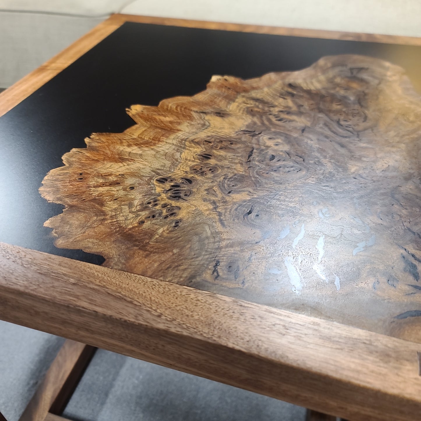 "Infinity" Claro Walnut and Solid Black Epoxy Side Table with Black Walnut Base