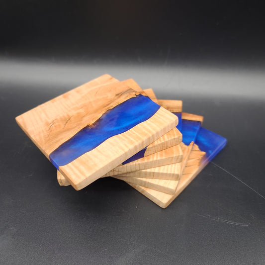 Maple and Blue Epoxy River Coasters, set of 6