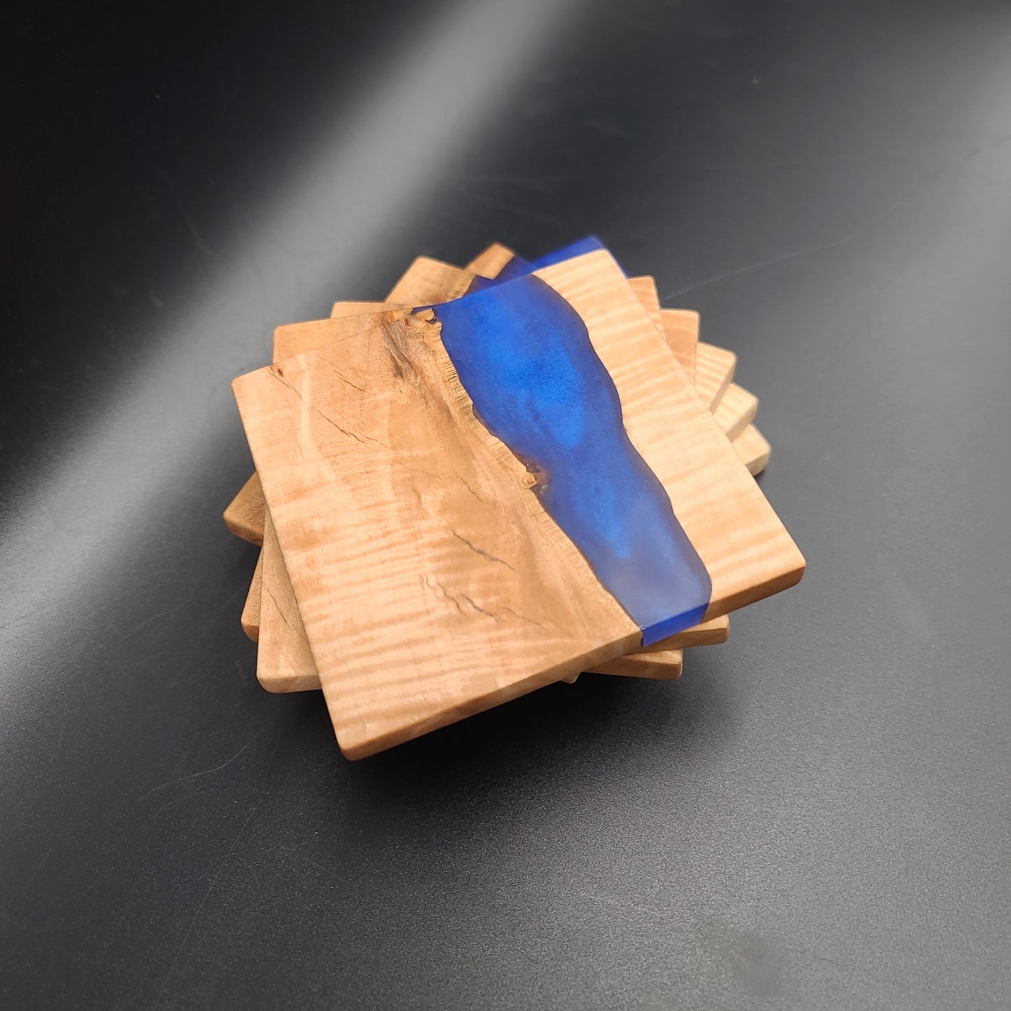 Maple and Blue Epoxy River Coasters, set of 6