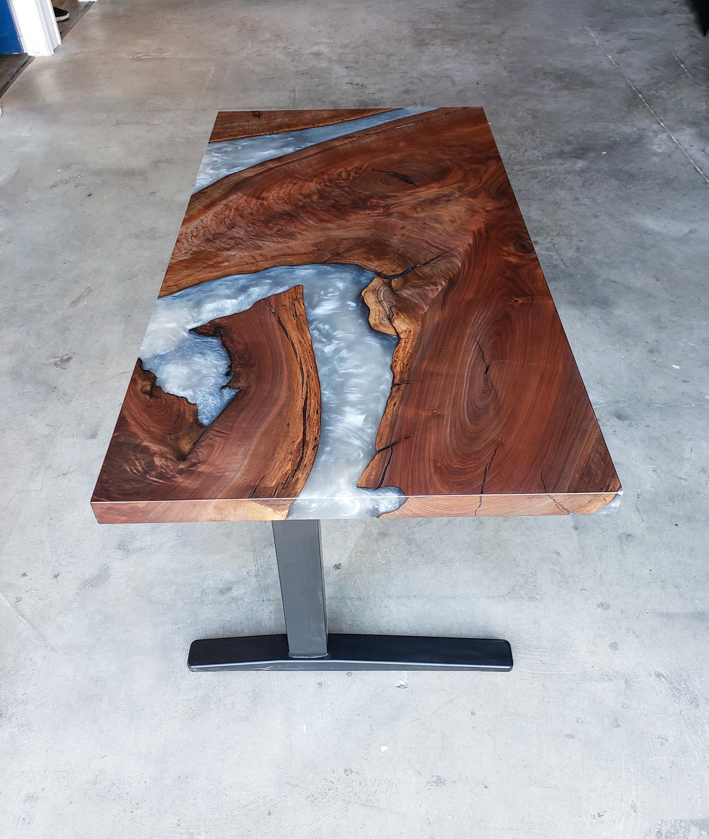 Black Walnut Sit / Stand Office Desk with Silver Epoxy