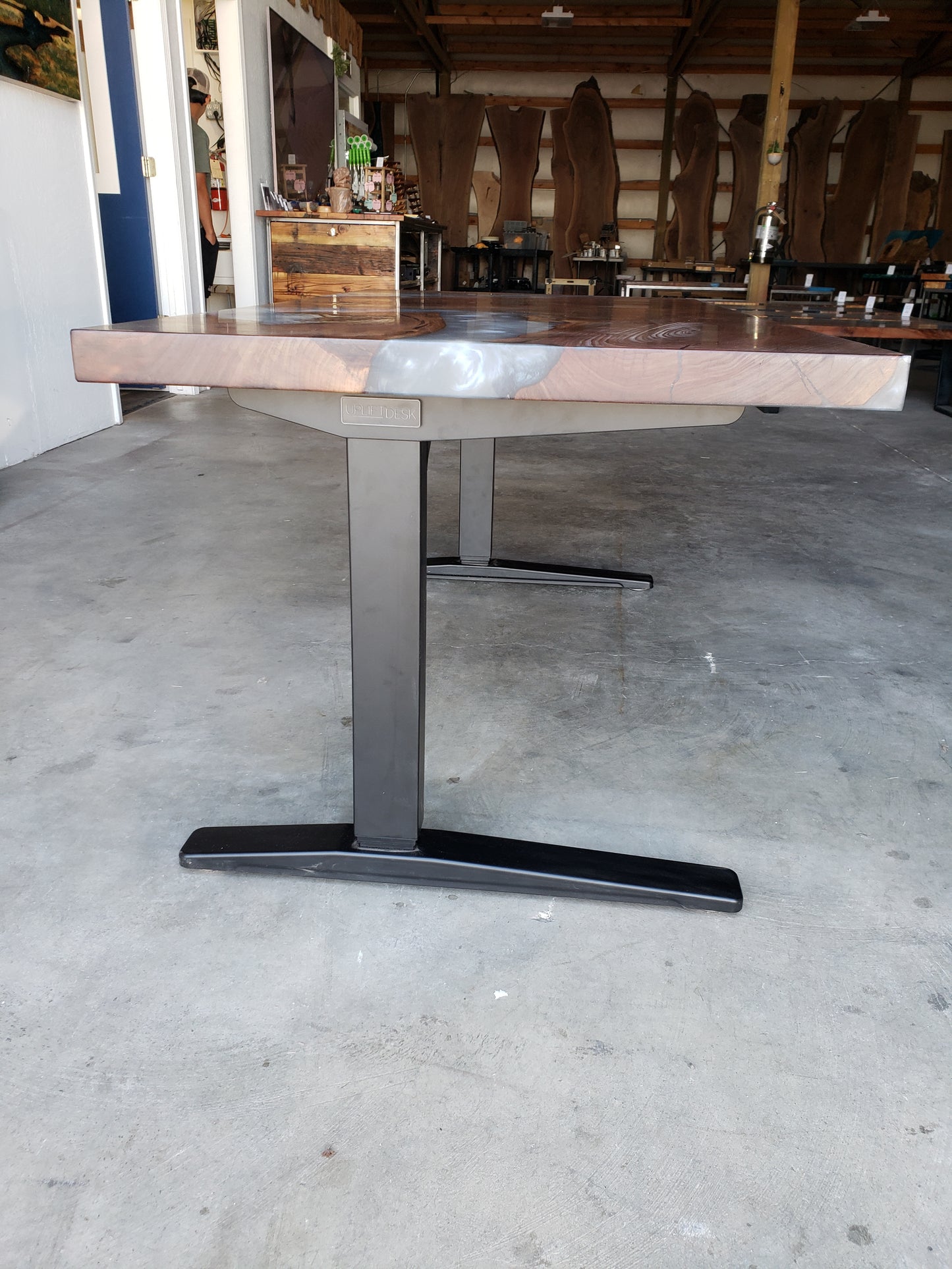 Black Walnut Sit / Stand Office Desk with Silver Epoxy