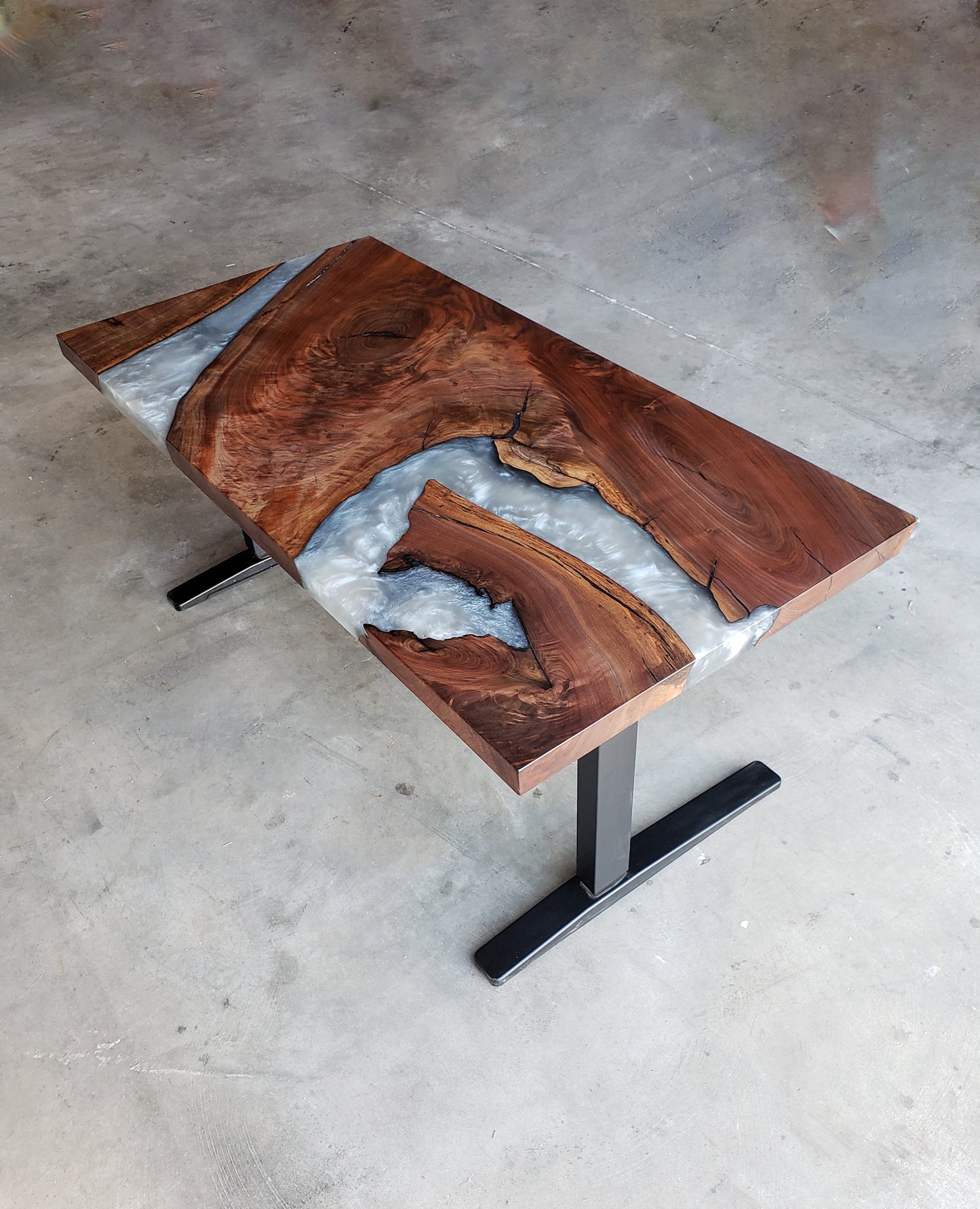 Black Walnut Sit / Stand Office Desk with Silver Epoxy