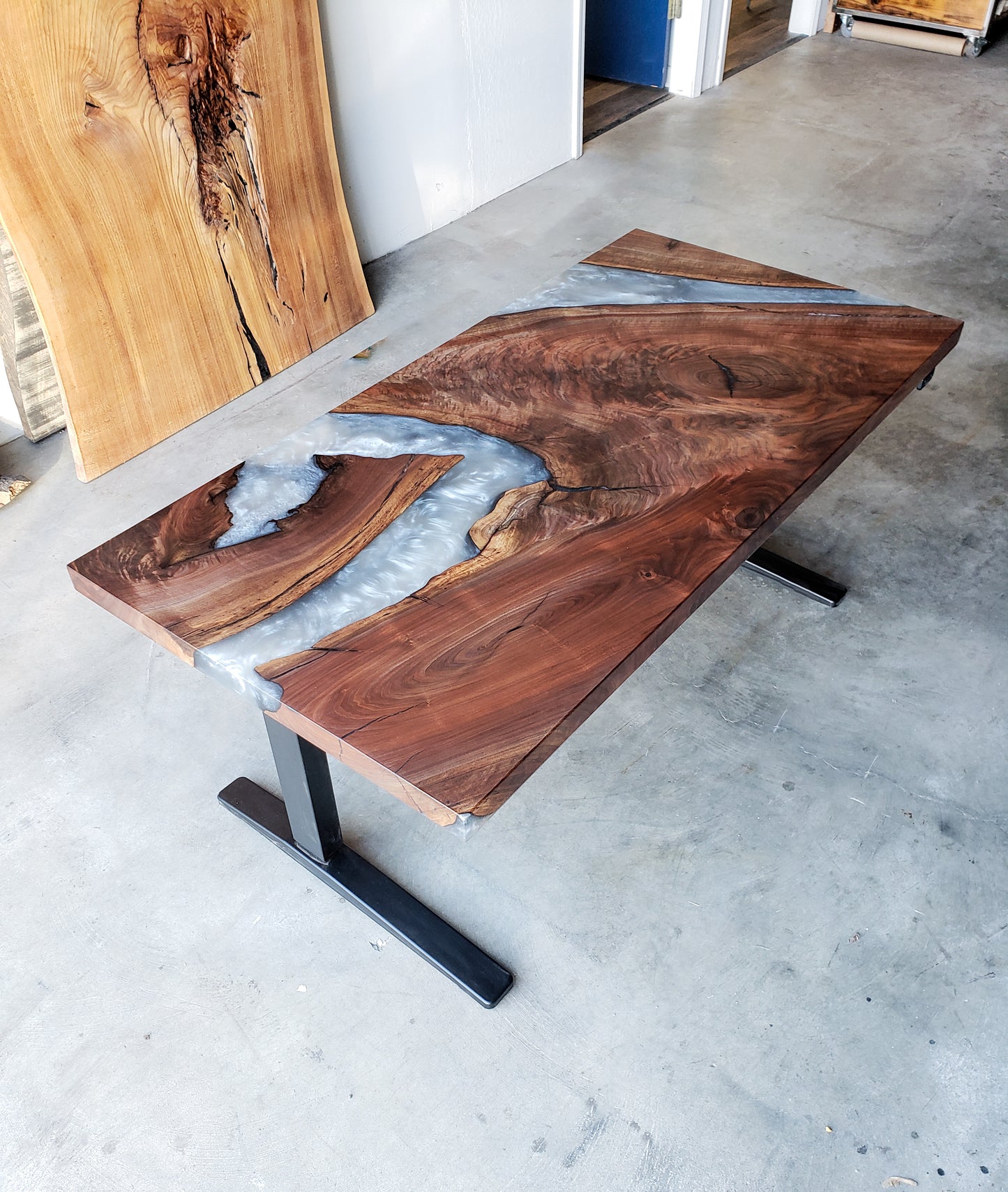 Black Walnut Sit / Stand Office Desk with Silver Epoxy