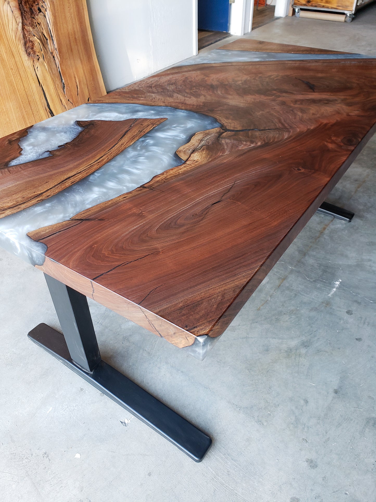 Black Walnut Sit / Stand Office Desk with Silver Epoxy