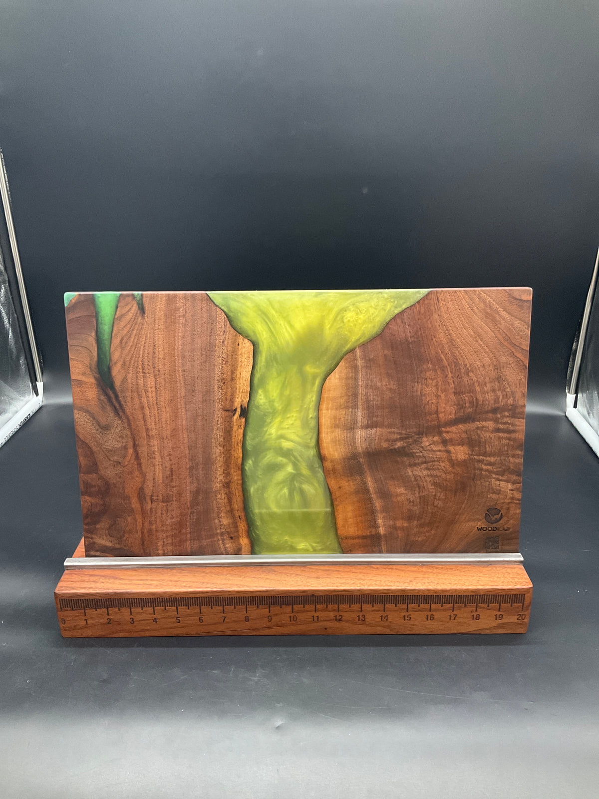 12" x 20" Black Walnut Wood & Green Epoxy Resin River CB