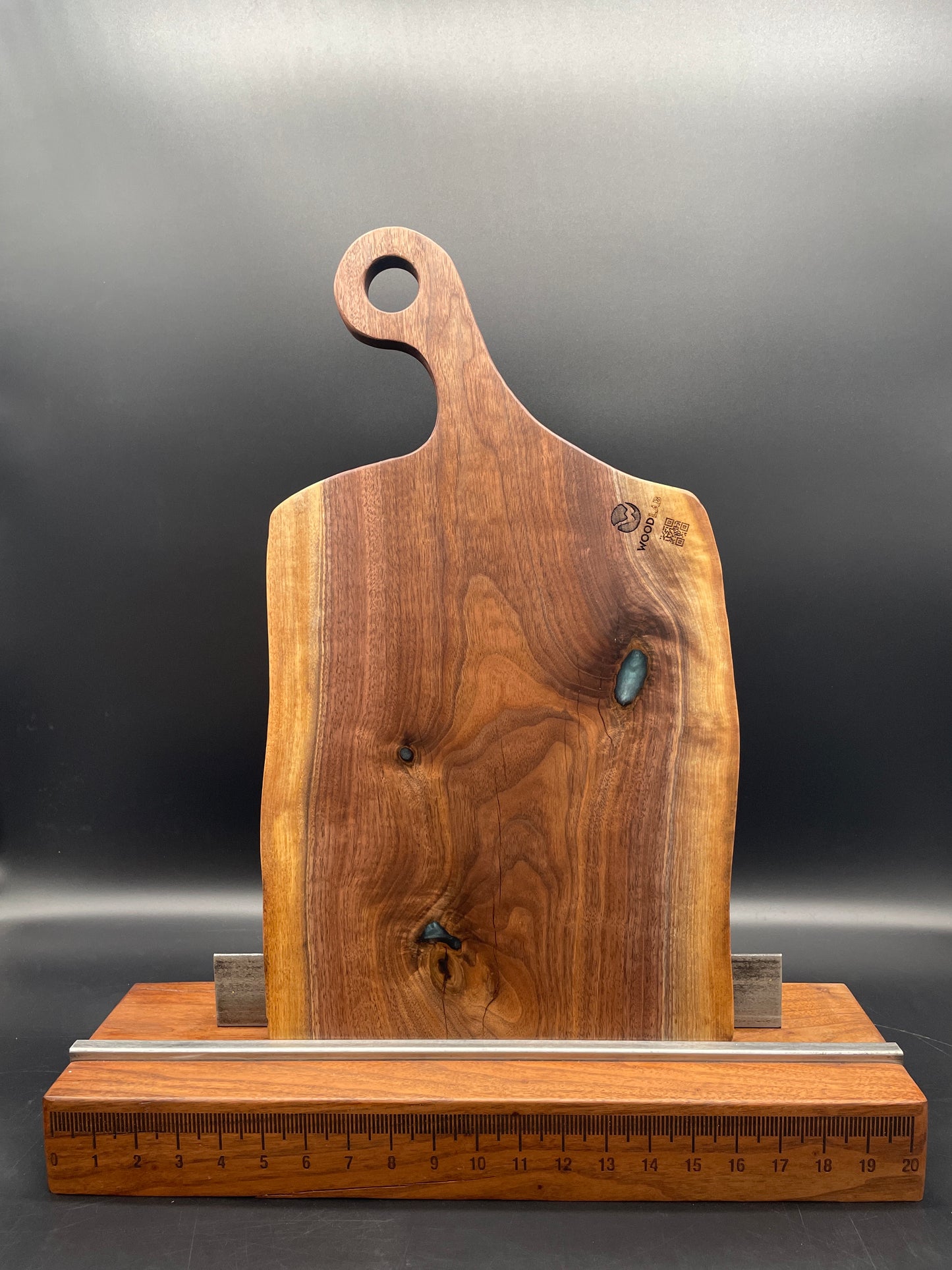 Handled Black Walnut Charcuterie Board with Turquoise Resin Fills