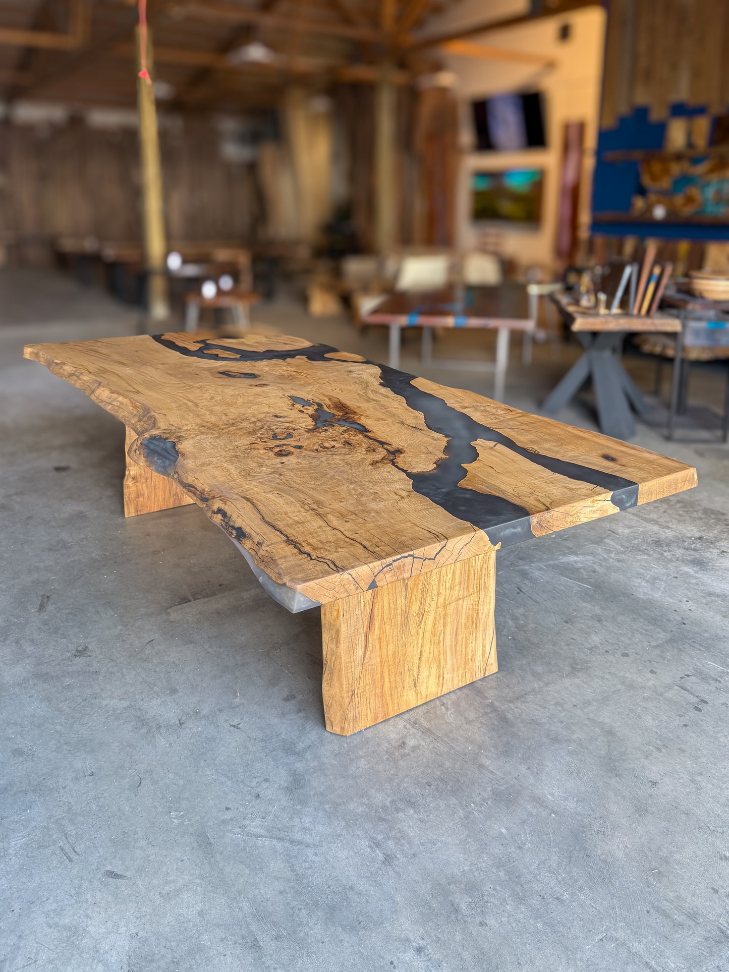 Spalted Maple Live Edge Dining Table with Multi-Grey Resin