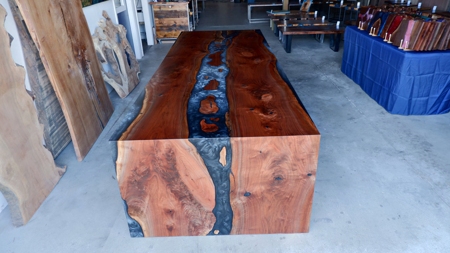 Customizable Black Walnut Epoxy River Dining Table w/ Waterfall Legs