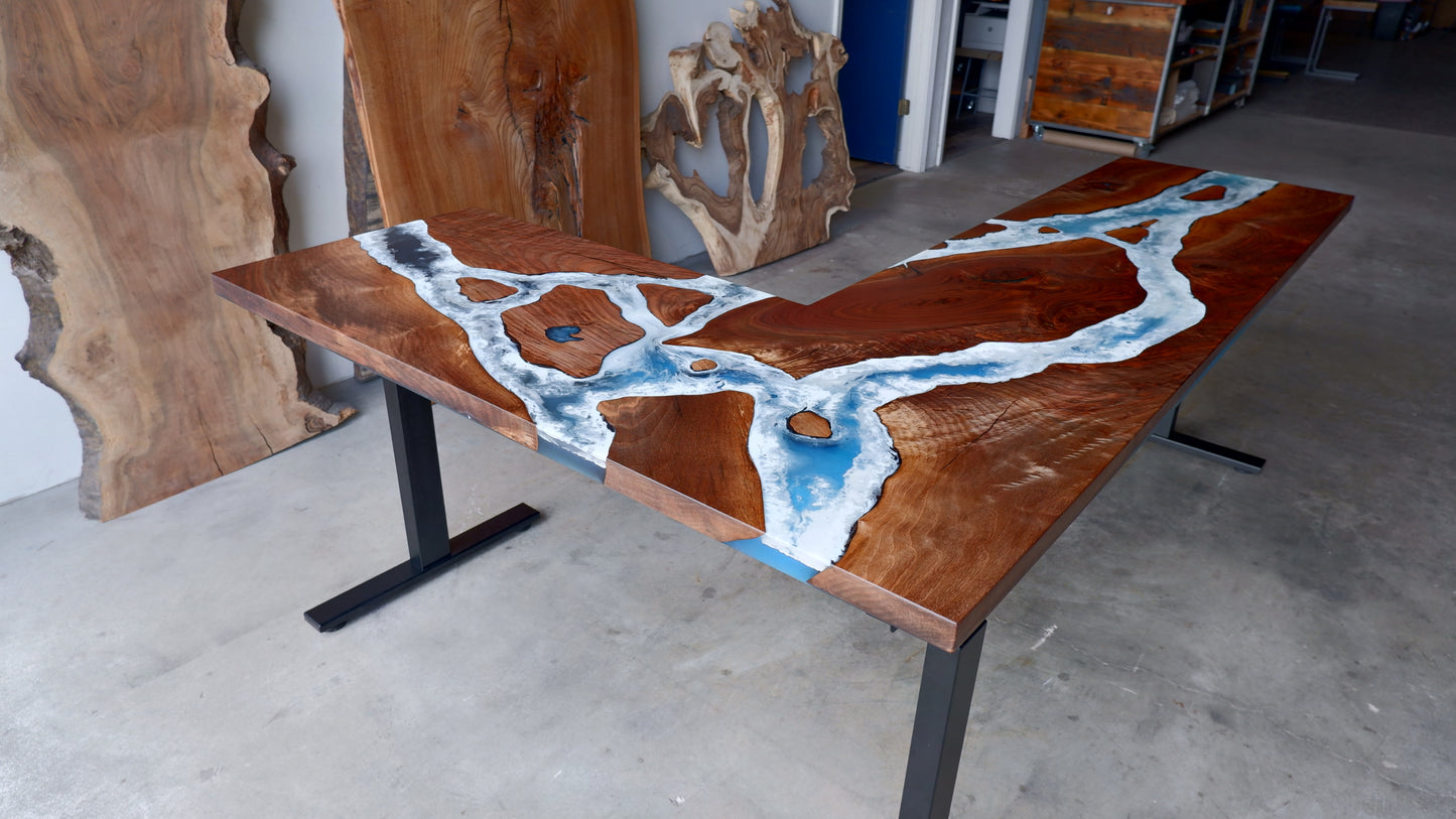 Black Walnut Sit / Stand L-Shaped Office Desk with Whitewater Epoxy Designs