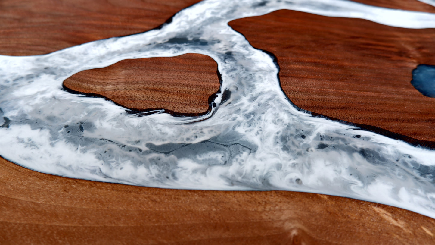 Black Walnut Sit / Stand L-Shaped Office Desk with Whitewater Epoxy Designs