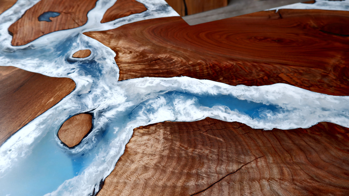 Black Walnut Sit / Stand L-Shaped Office Desk with Whitewater Epoxy Designs