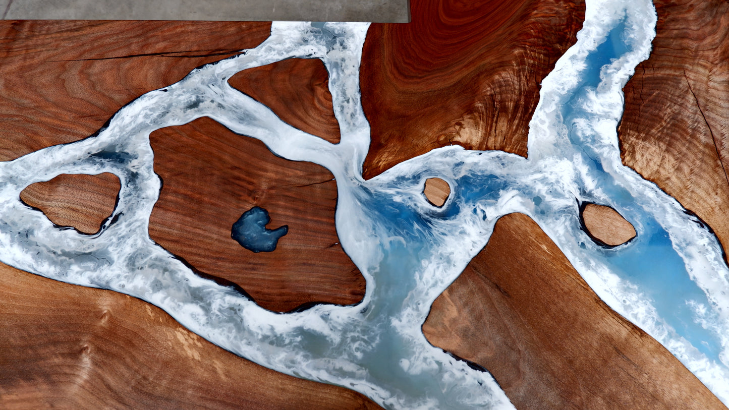 Black Walnut Sit / Stand L-Shaped Office Desk with Whitewater Epoxy Designs
