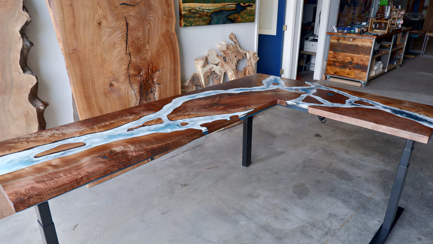 Black Walnut Sit / Stand L-Shaped Office Desk with Whitewater Epoxy Designs