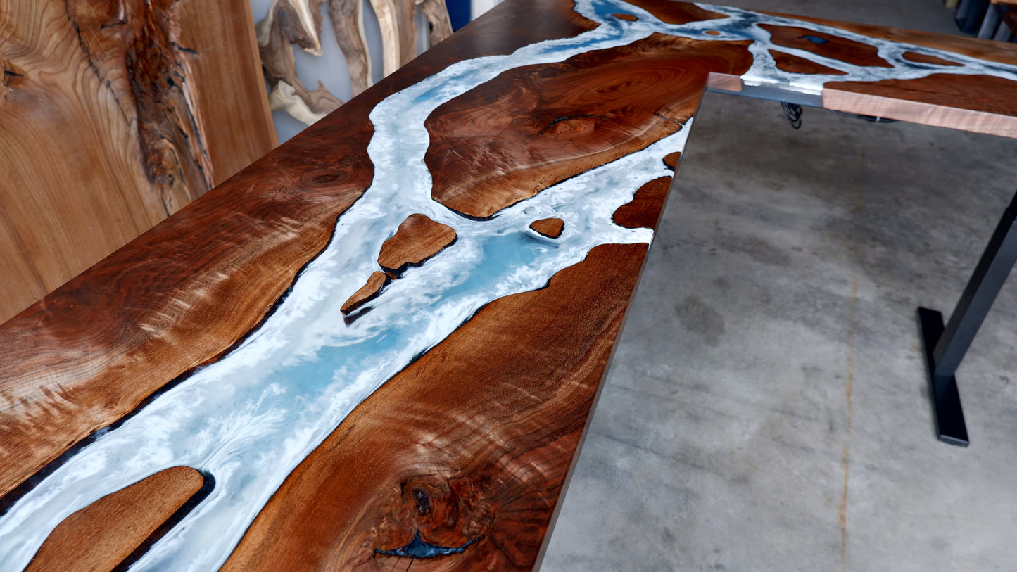 Black Walnut Sit / Stand L-Shaped Office Desk with Whitewater Epoxy Designs