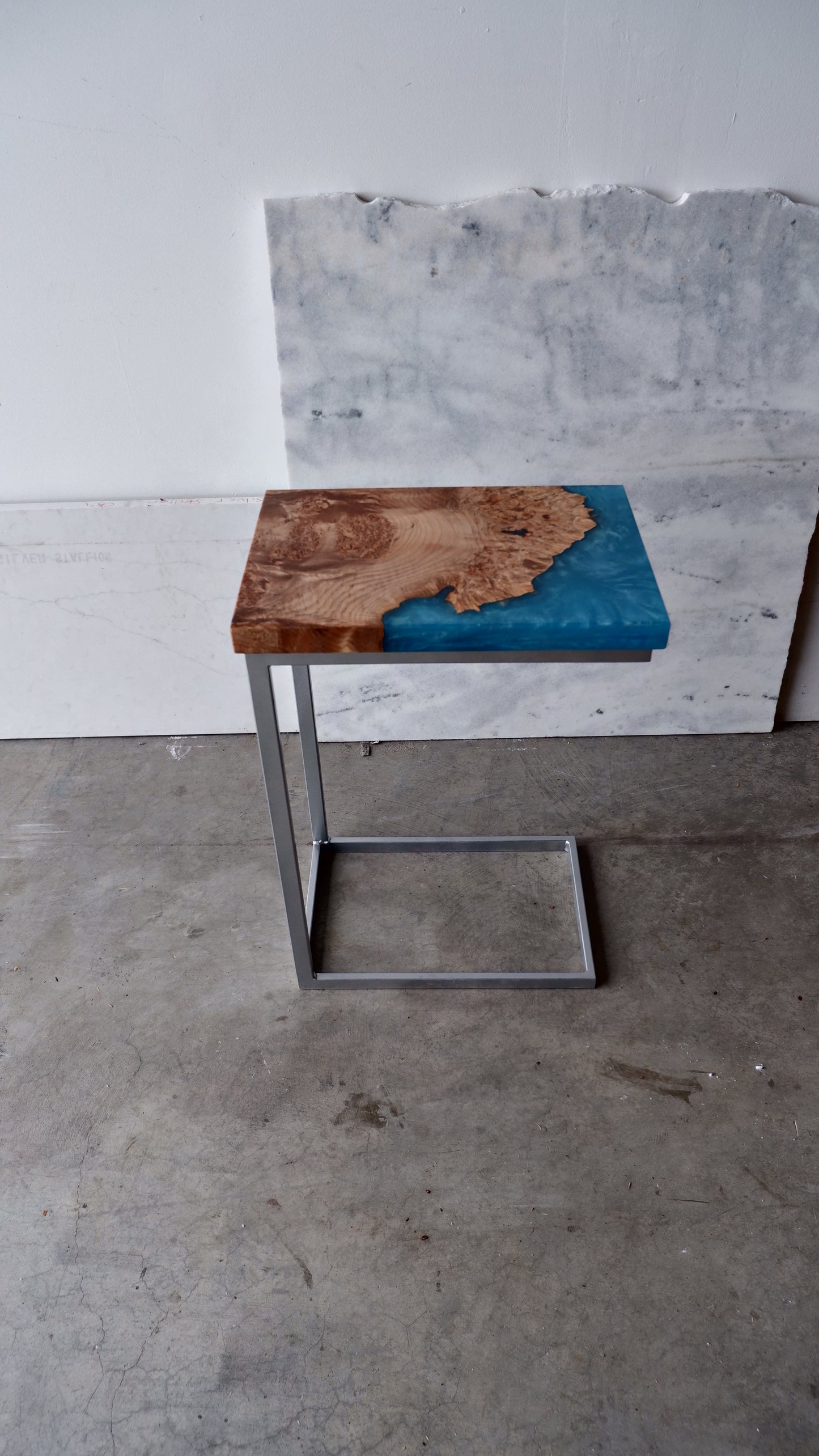 Maple Burl C-Table with Turquoise Epoxy Encasement