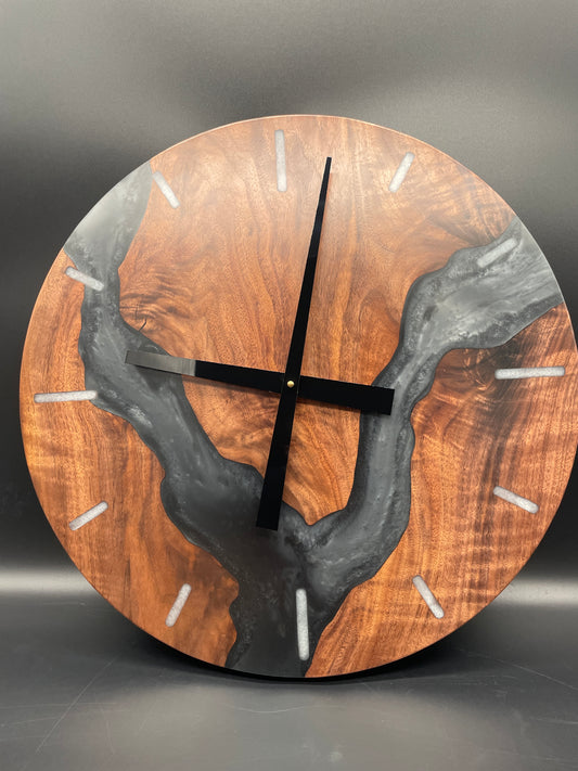 Balck Walnut Round Wall Clock with Multi-Grey Epoxy River