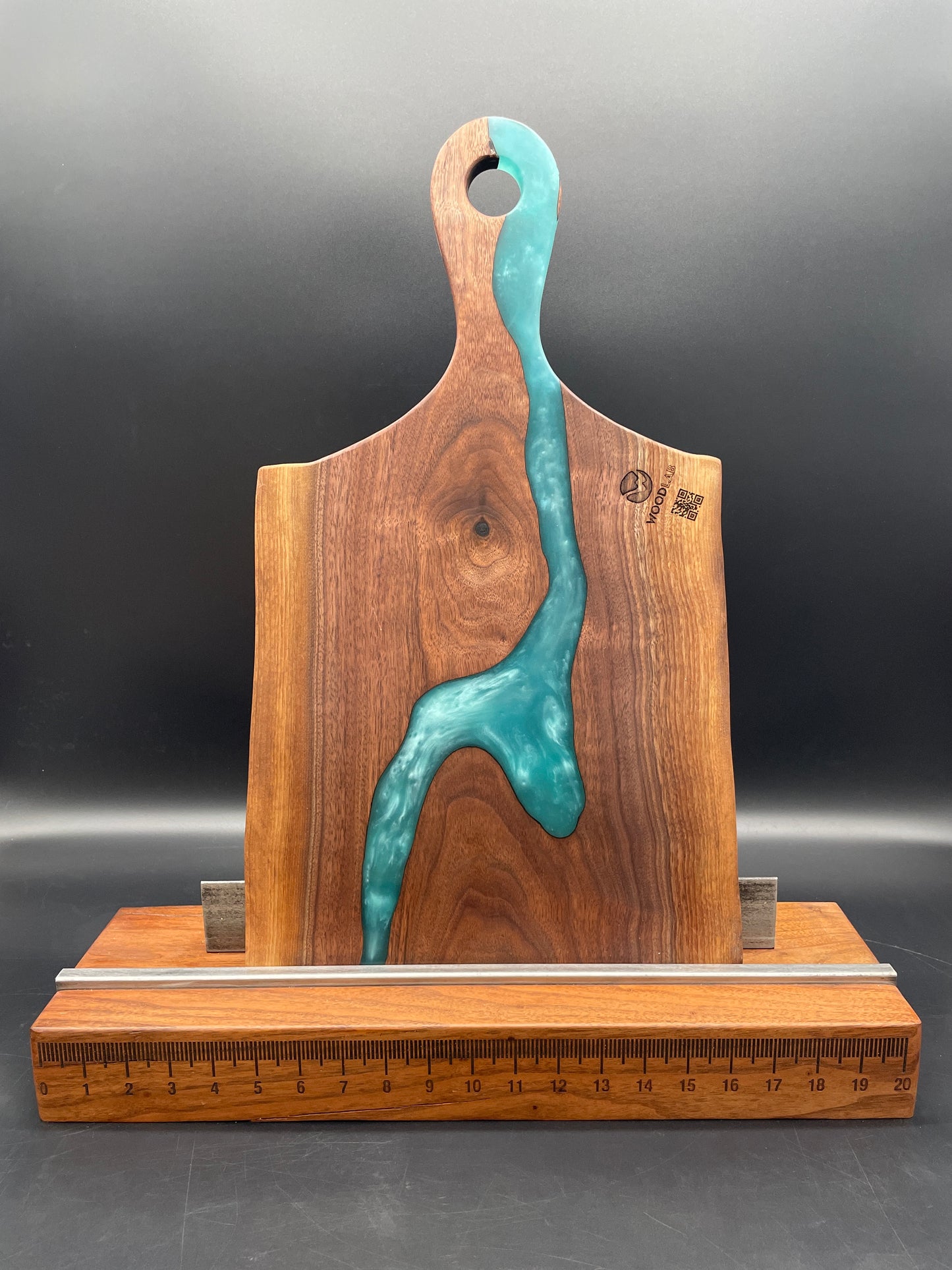 Handled Live Edge Black Walnut Charcuterie Board with Turquoise Resin River