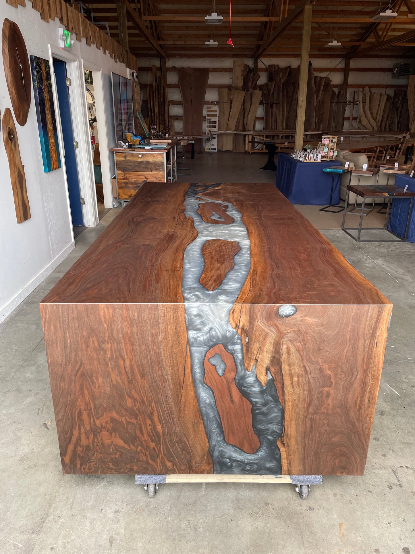 Customizable Black Walnut Epoxy River Dining Table w/ Waterfall Legs