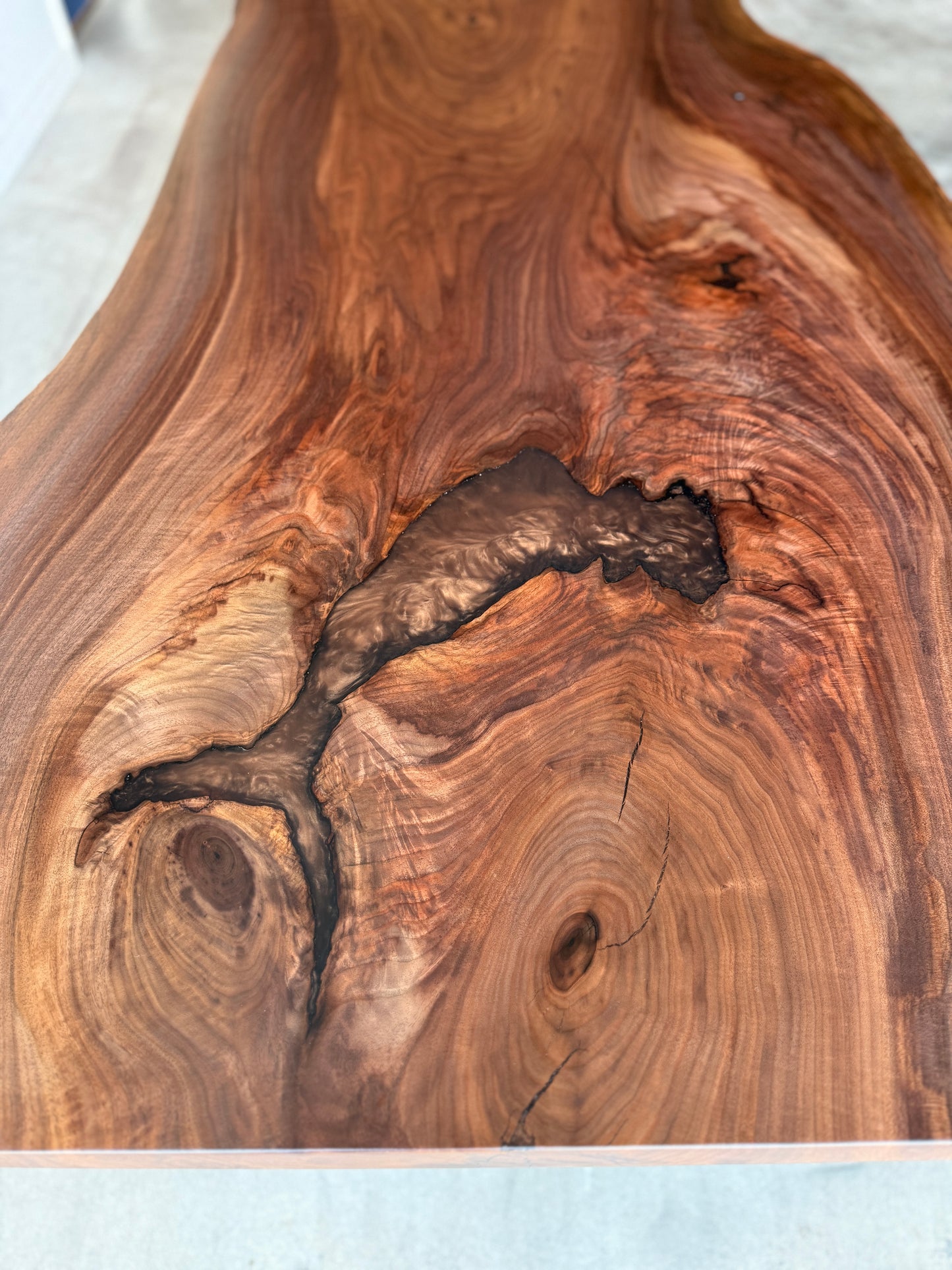 Black Walnut Slab Dining Table With Espresso Resin Fills