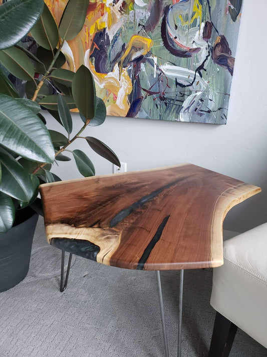 Live-Edge Black Walnut Side Table with Dolphin Grey Epoxy Resin Fills