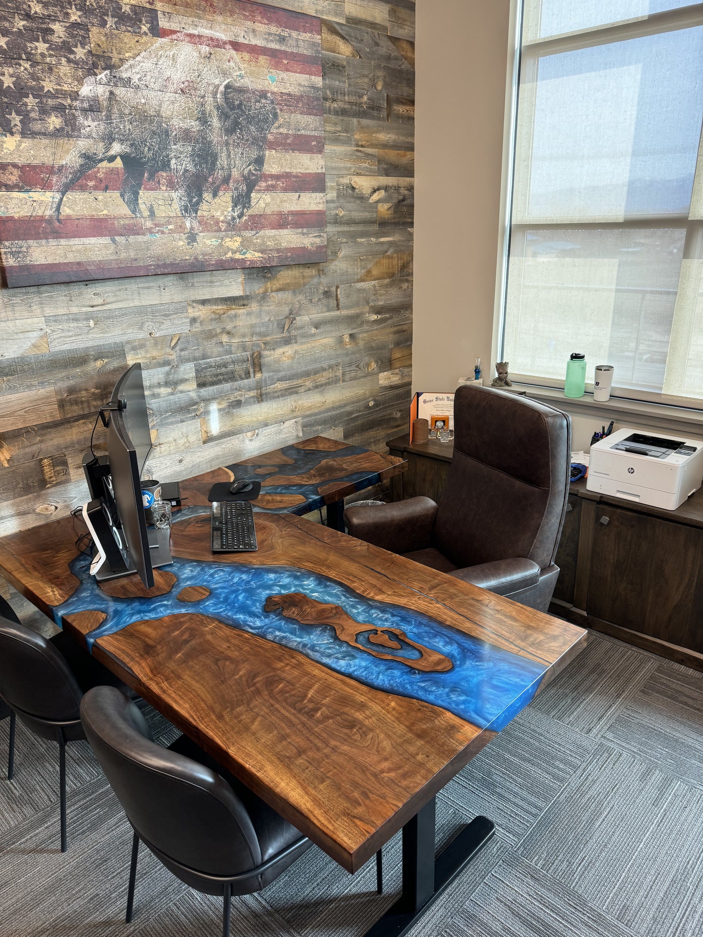 Customizable L-Shaped Black Walnut Epoxy Resin River Sit / Stand Office Desk