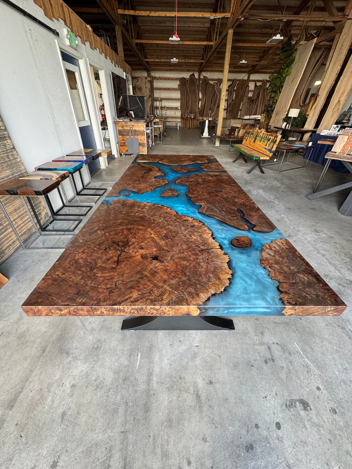 Claro Walnut Burl Dining Table with Multi-Blue Epoxy Encasement