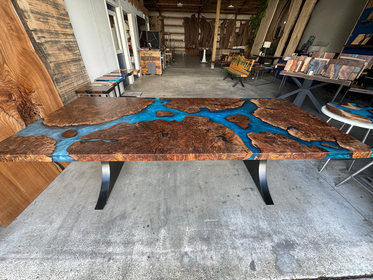 Claro Walnut Burl Dining Table with Multi-Blue Epoxy Encasement