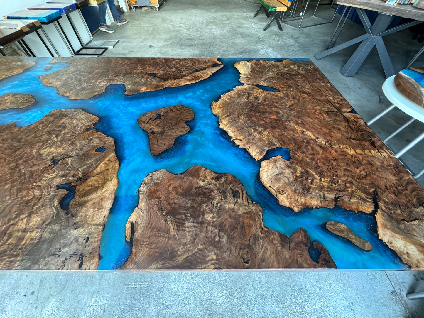 Claro Walnut Burl Dining Table with Multi-Blue Epoxy Encasement