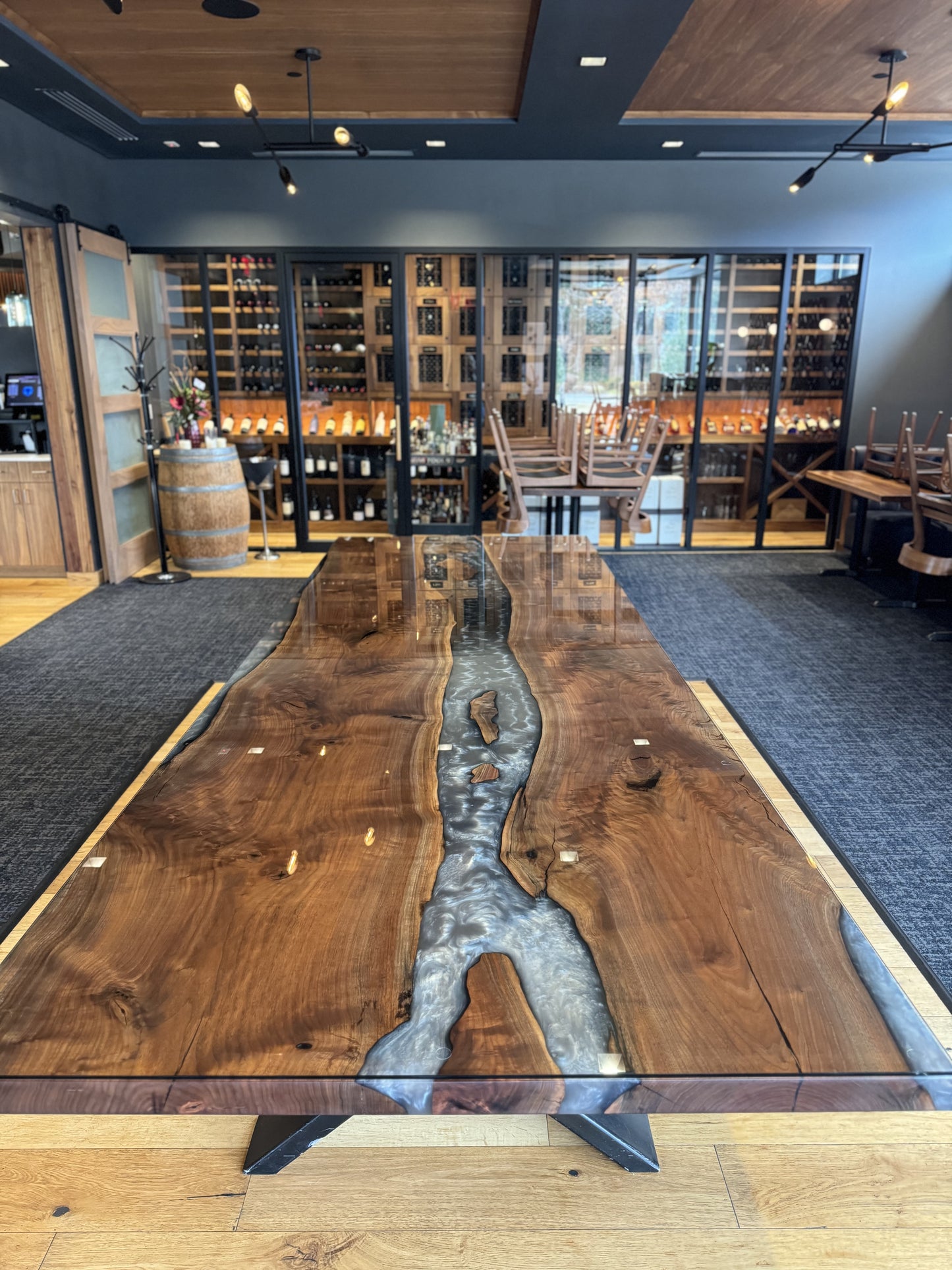 Customizable Black Walnut Epoxy River Dining Table w/ Waterfall Legs