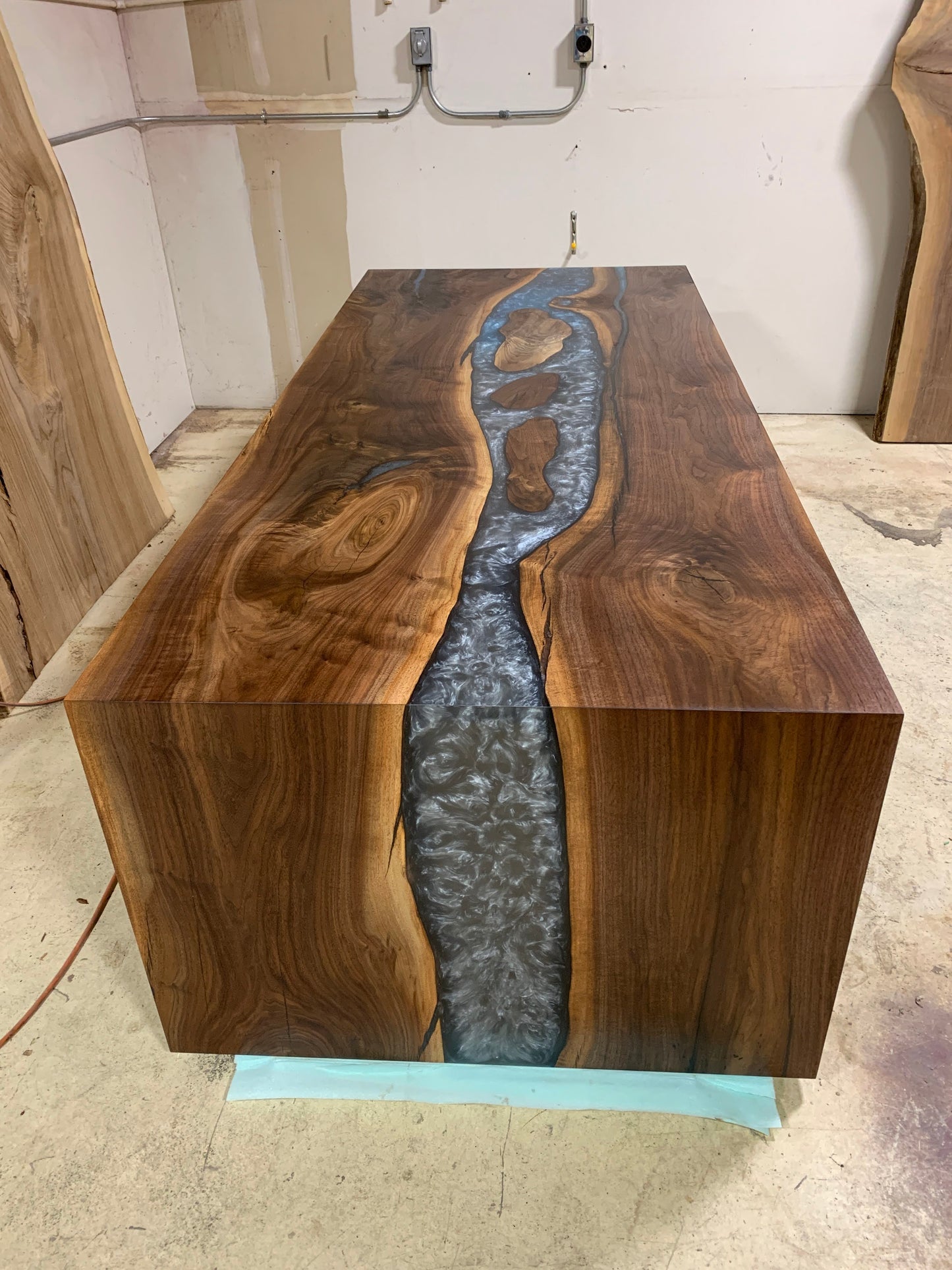Customizable Black Walnut Epoxy River Dining Table w/ Waterfall Legs