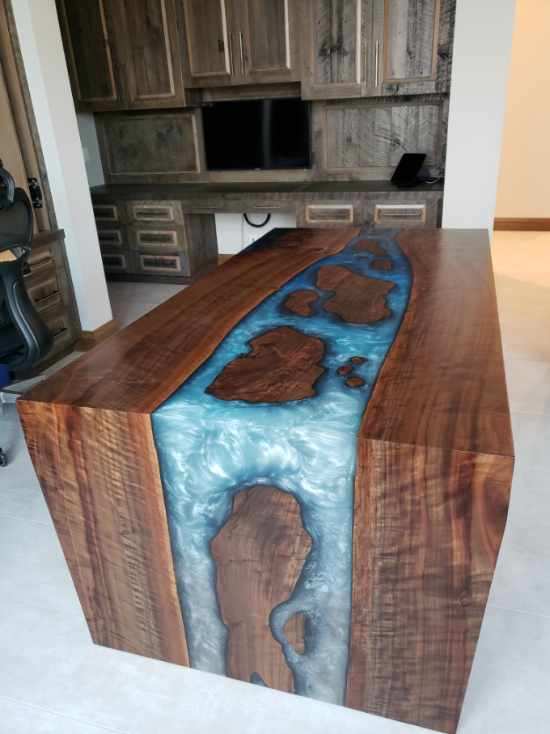 Customizable Black Walnut Epoxy River Dining Table w/ Waterfall Legs