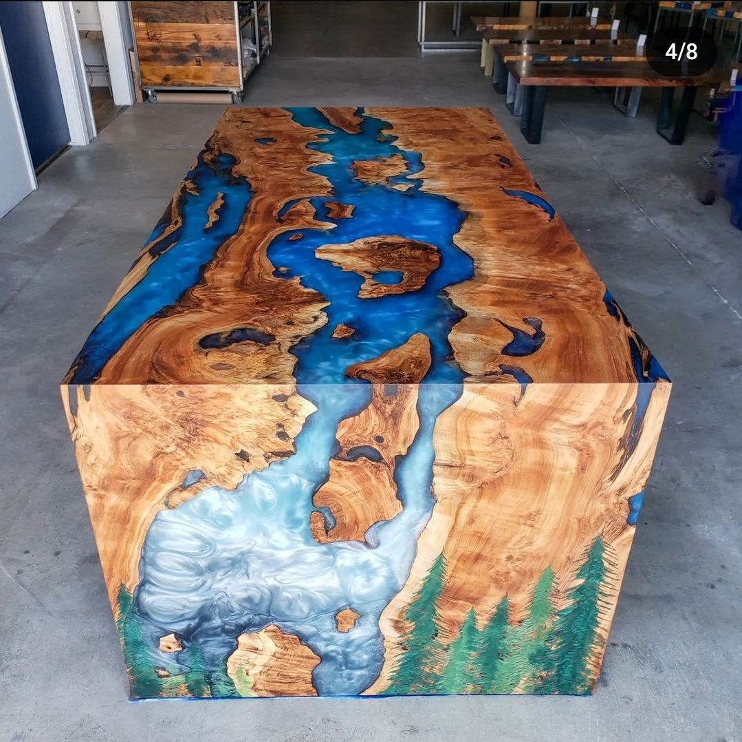 Customizable Black Walnut Epoxy River Dining Table w/ Waterfall Legs